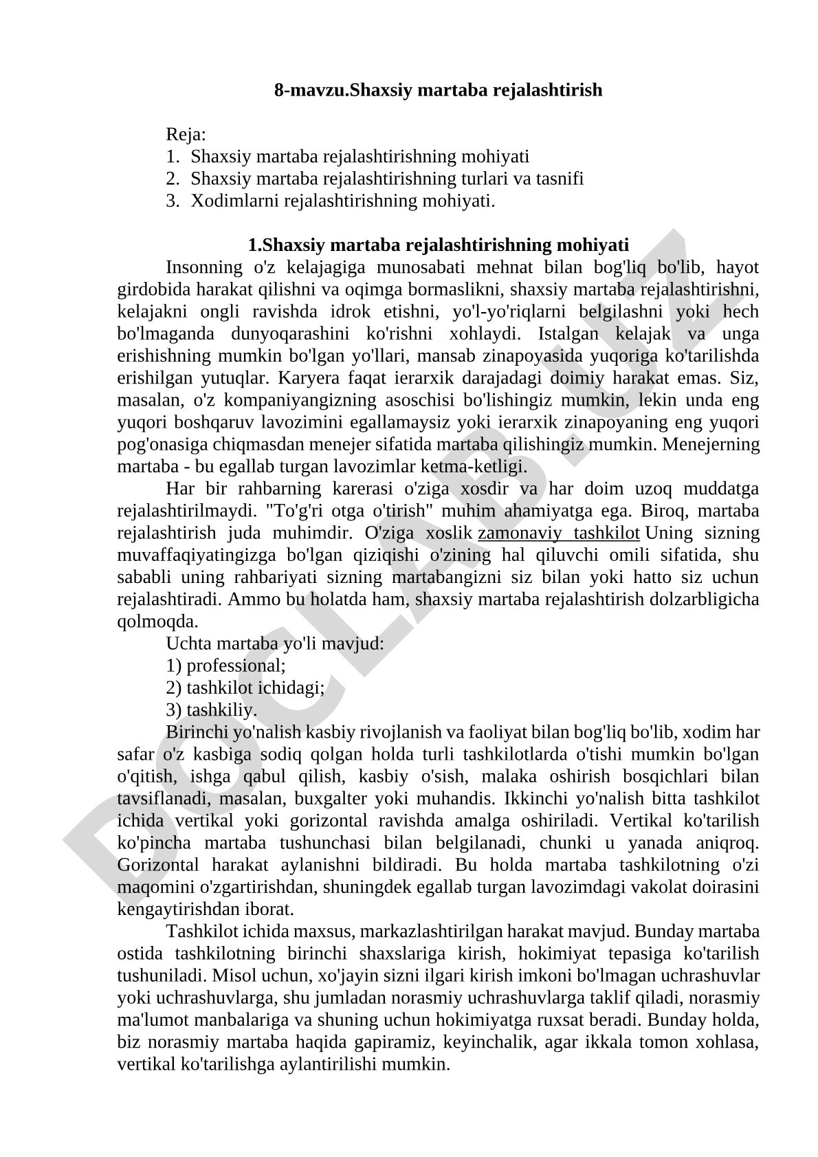 Martaba rejalashtirish turlari, tasnifi va xodimlarni rejalashtirish mohiyati bayon