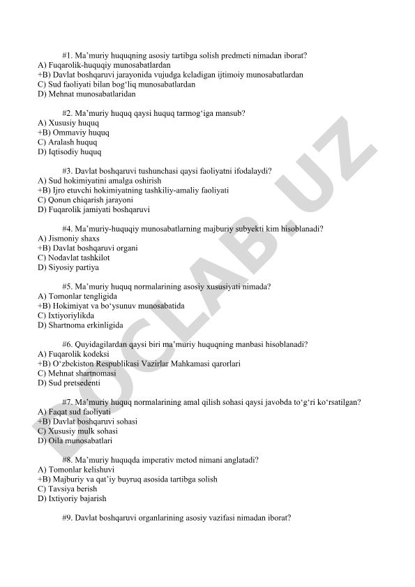 Ma'muriy huquq test savollari va javoblari
