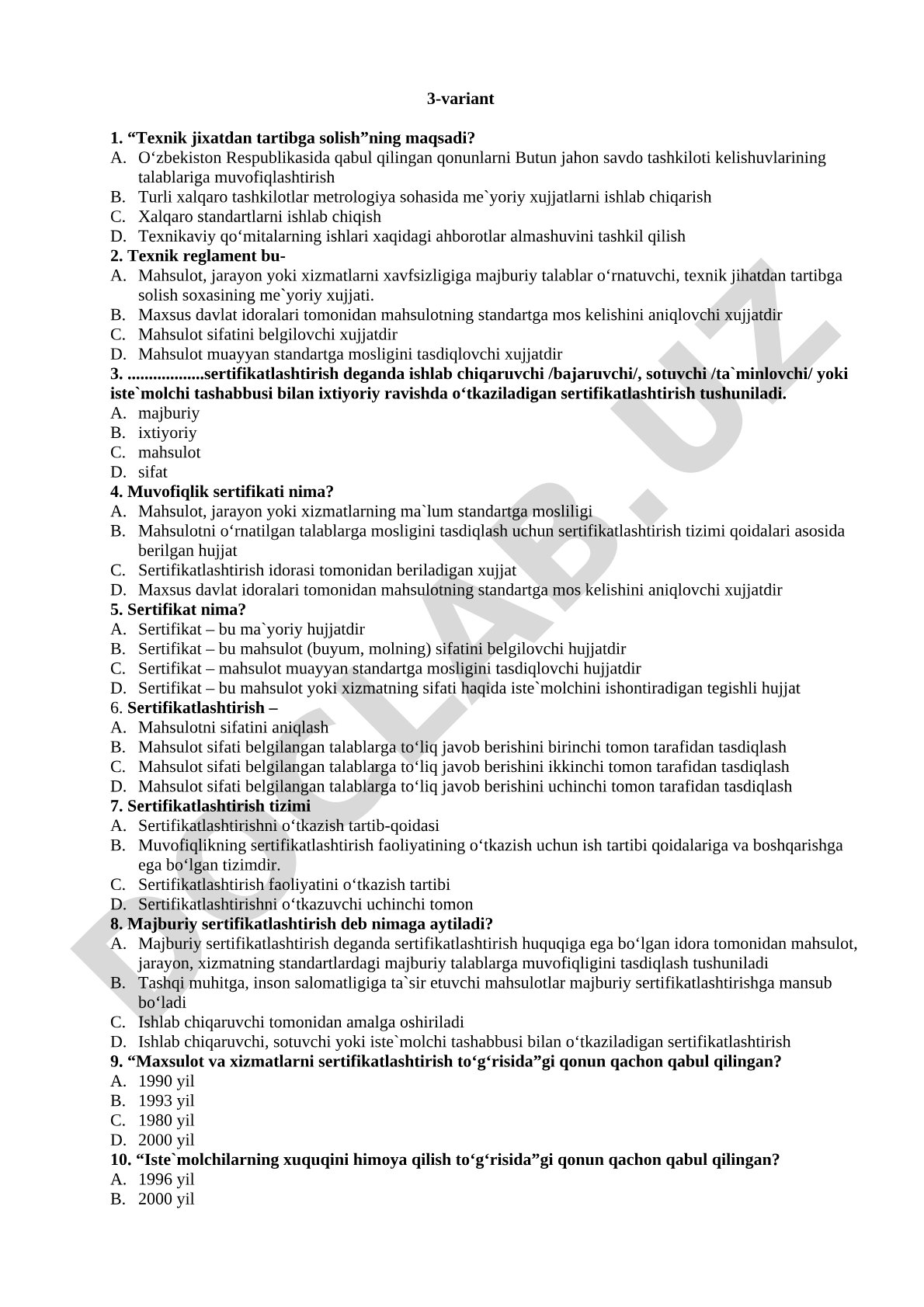 Texnik jihatdan tartibga solish fanidan test savollari