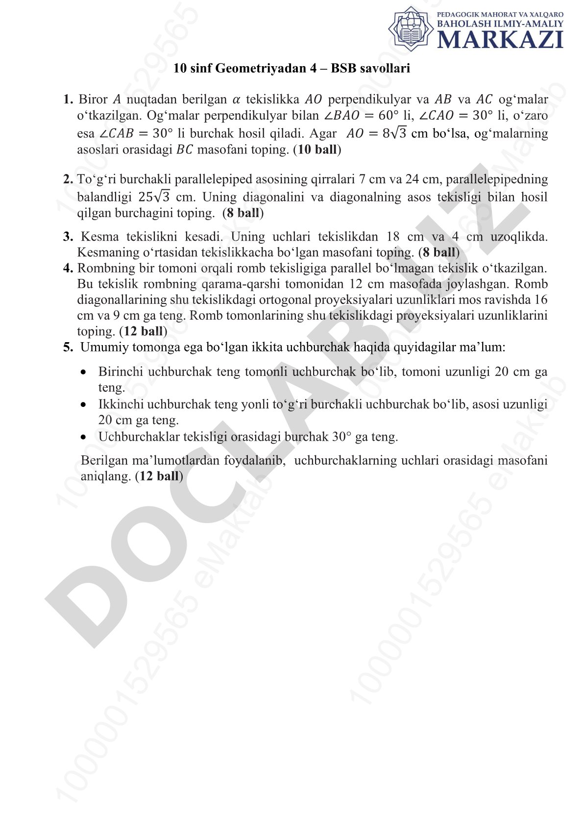 10 sinf Geometriyadan 4 – BSB savollari
