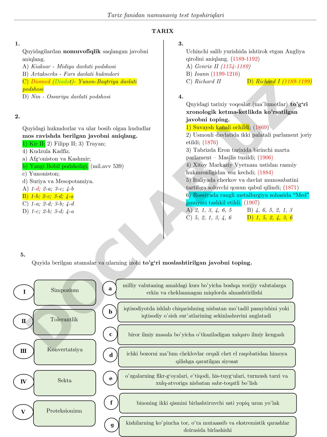 Tarix fanidan namunaviy test topshiriqlari