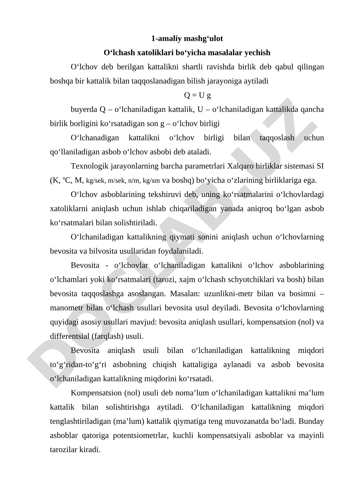 Amaliy mashg'ulot O‘lchash xatoliklari bo‘yicha masalalar yechish
