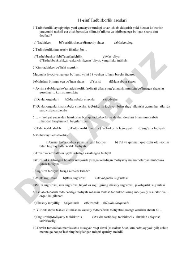Tadbirkorlik asoslari test savollari