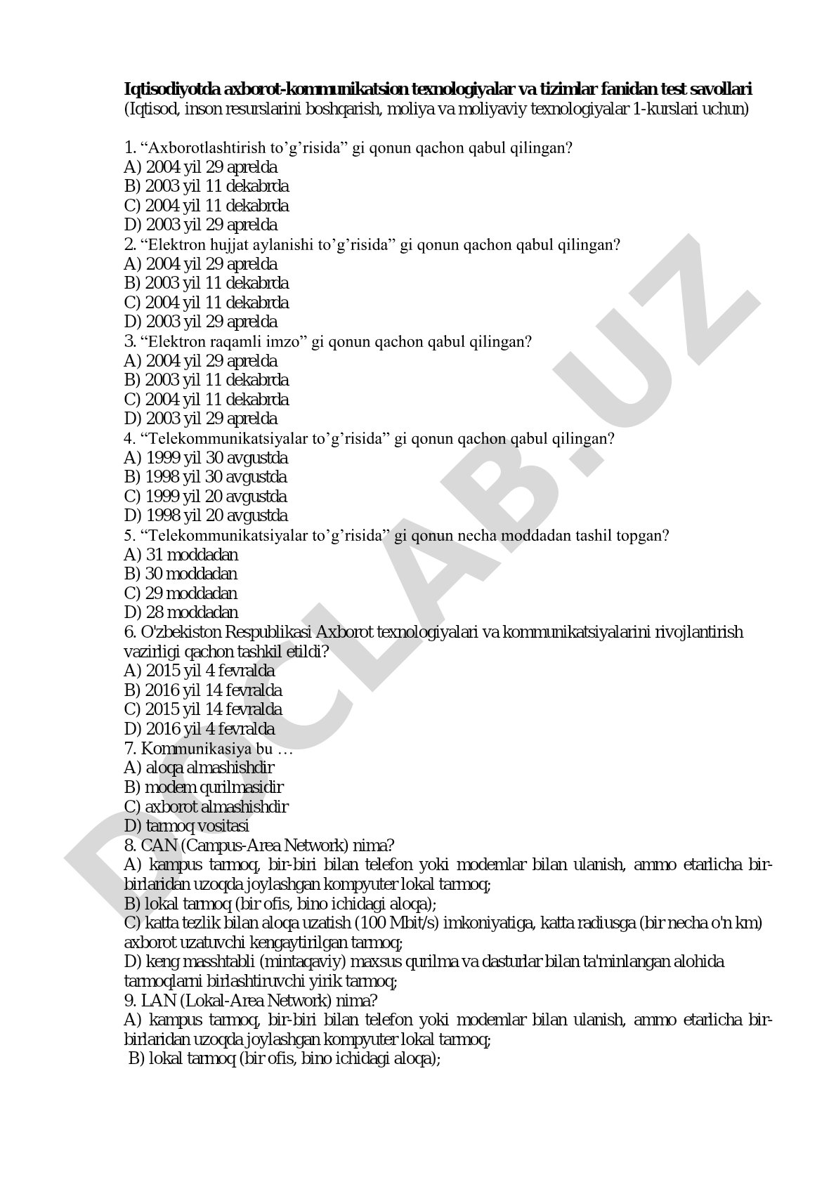 Iqtisodiyotda axborot-kommunikatsion texnologiyalar va tizimlar fanidan test savollari
