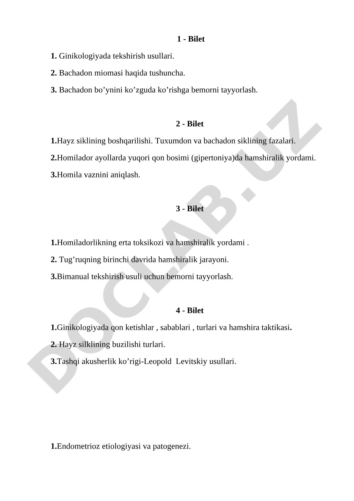 Akusherlik va ginekologiya fanidan imtihon biletlari