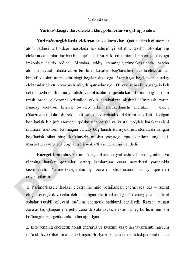 Yarimo'tkazgichlarda elektronlar va kovaklar