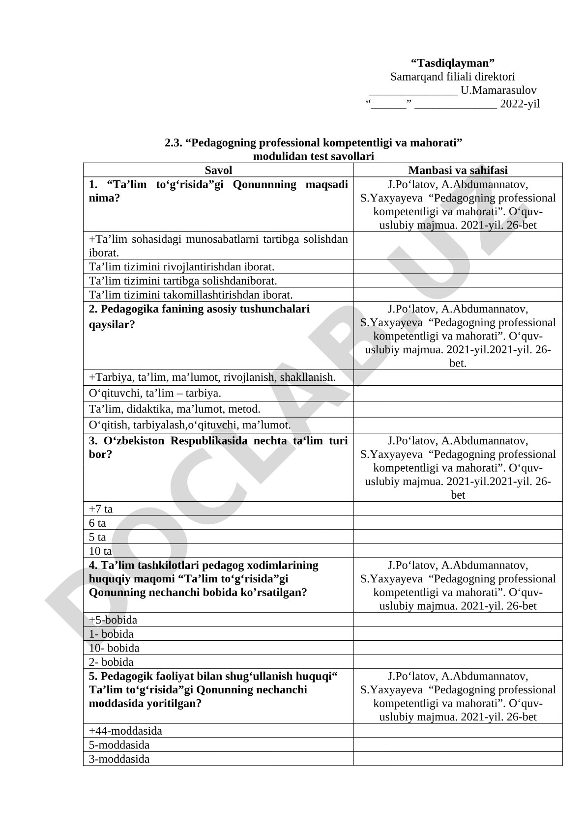 Pedagogning professional kompetentligi va mahorati modulidan test savollari