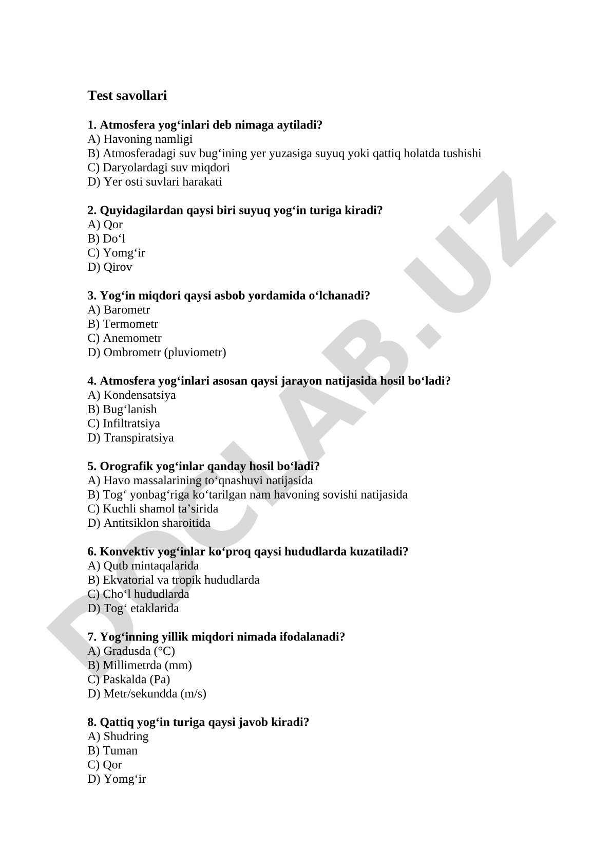 Atmosfera yog'inlari test savollari