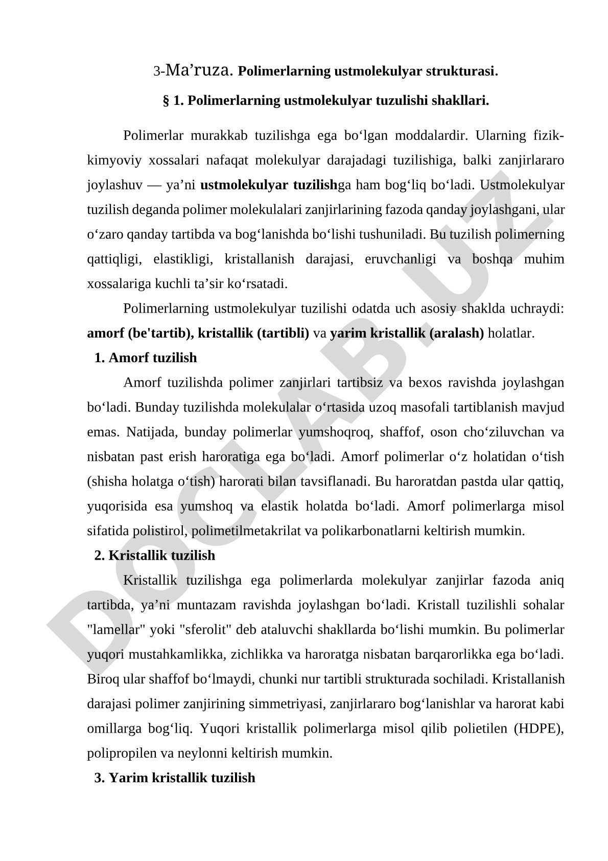 Polimerlarning ustmolekulyar strukturasi