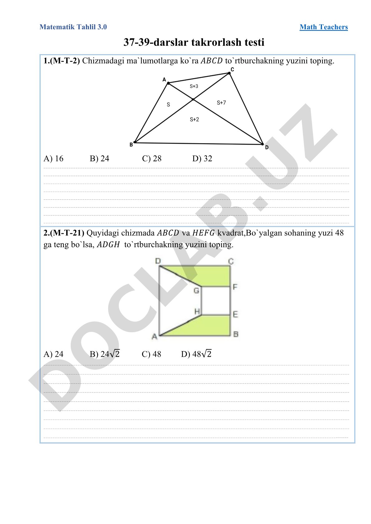 Matematik Tahlil 37-39-darslar takrorlash testi