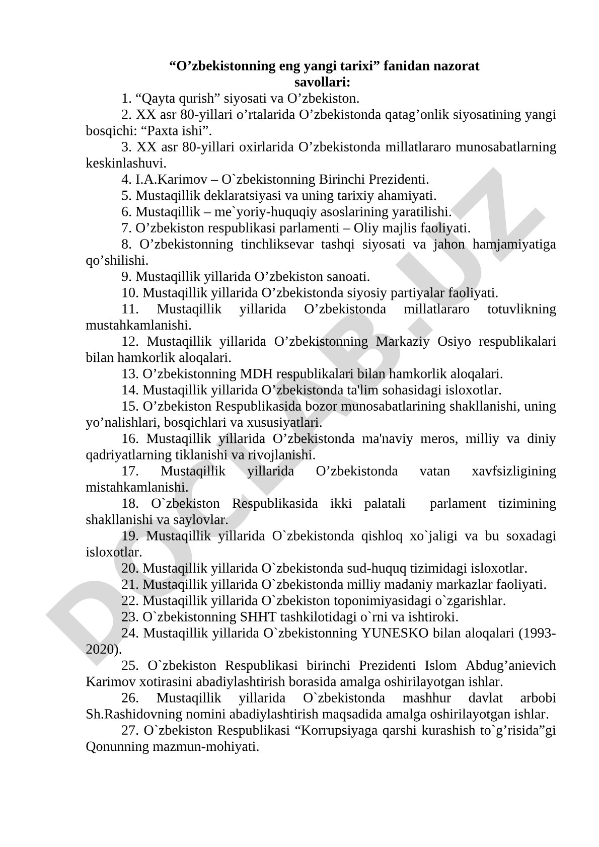 O‘zbekistonning eng yangi tarixi fanidan nazorat savollari