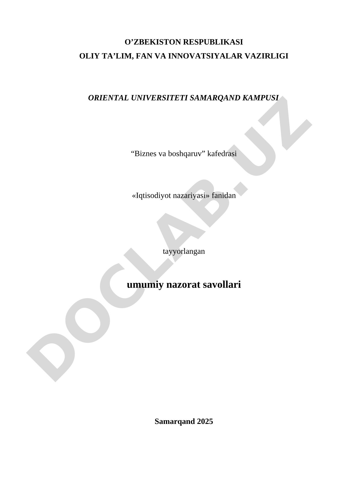 Iqtisodiyot nazariyasi fanidan umumiy nazorat savollari