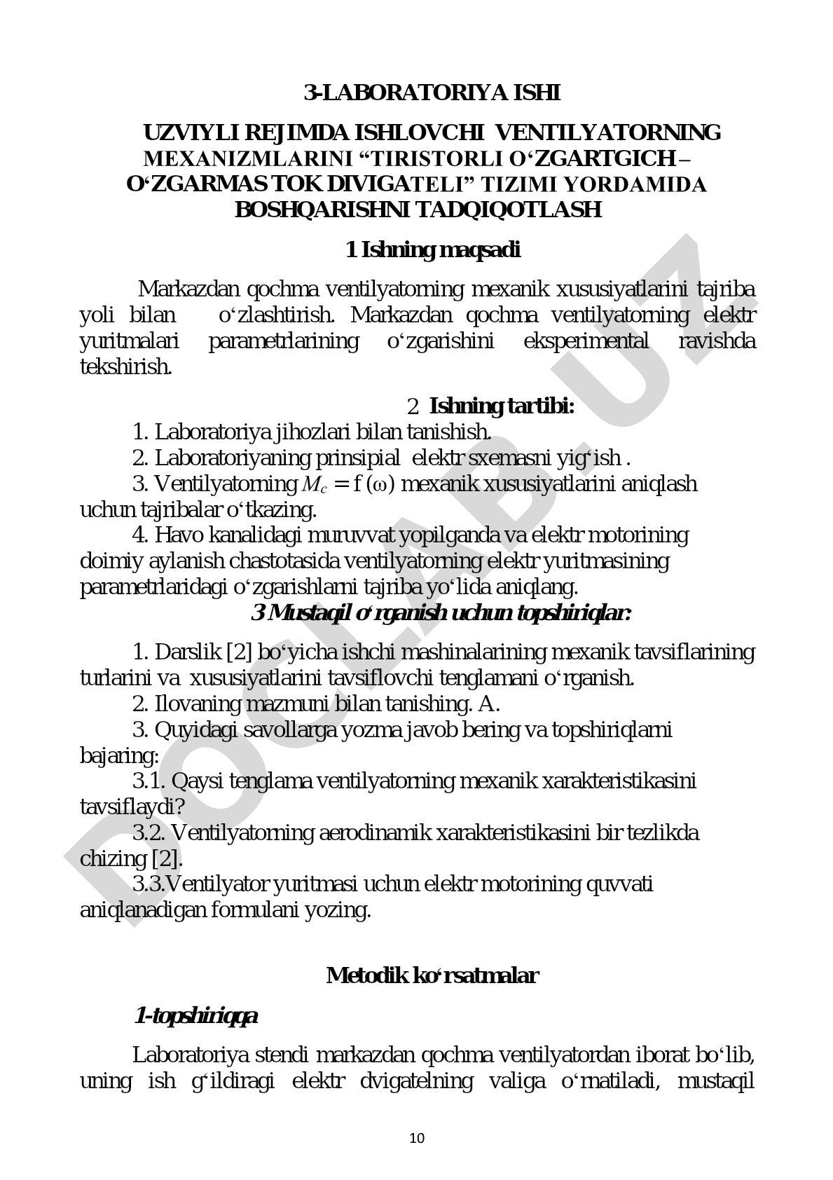 Uzviyli rejimda ishlovchi ventilyatorning mexanizmlarini tiristorli o'zgartgich – o'zgarmas tok dvigateli tizimi yordamida boshqarishni tadqiqotlash