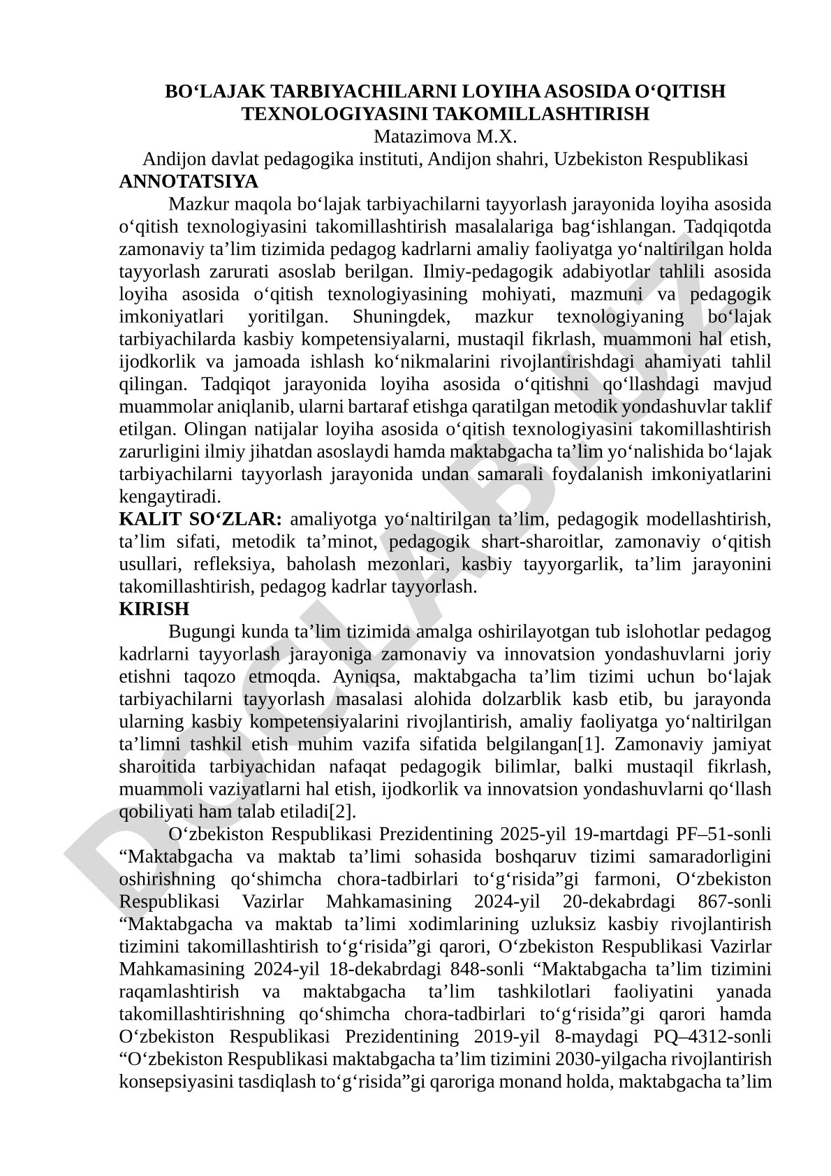 Bo‘lajak tarbiyachilarni loyiha asosida o‘qitish texnologiyasini takomillashtirish