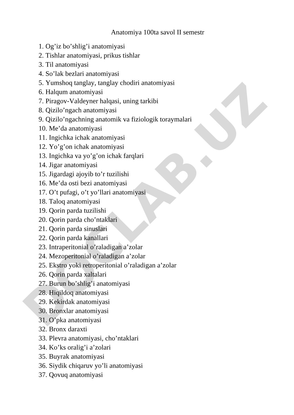 Anatomiya 100ta savol II semestr