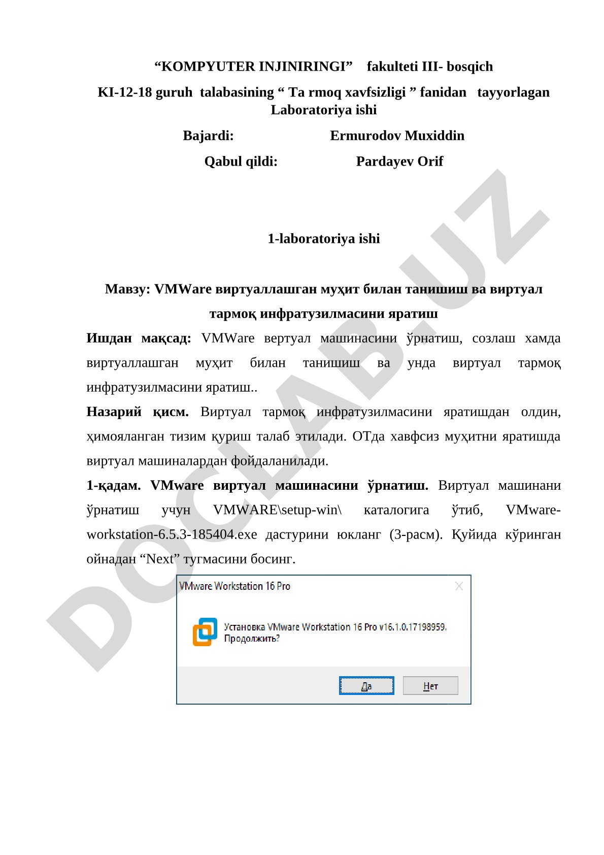 VMWare виртуаллашган муҳит билан танишиш ва виртуал тармоқ инфратузилмасини яратиш