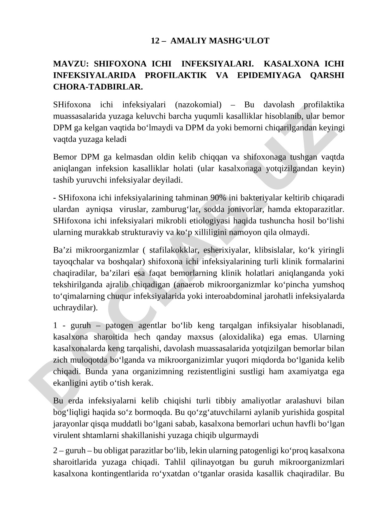 Shifoxona ichi infeksiyalari. Profilaktik va epidemiya qarshi chora-tadbirlar