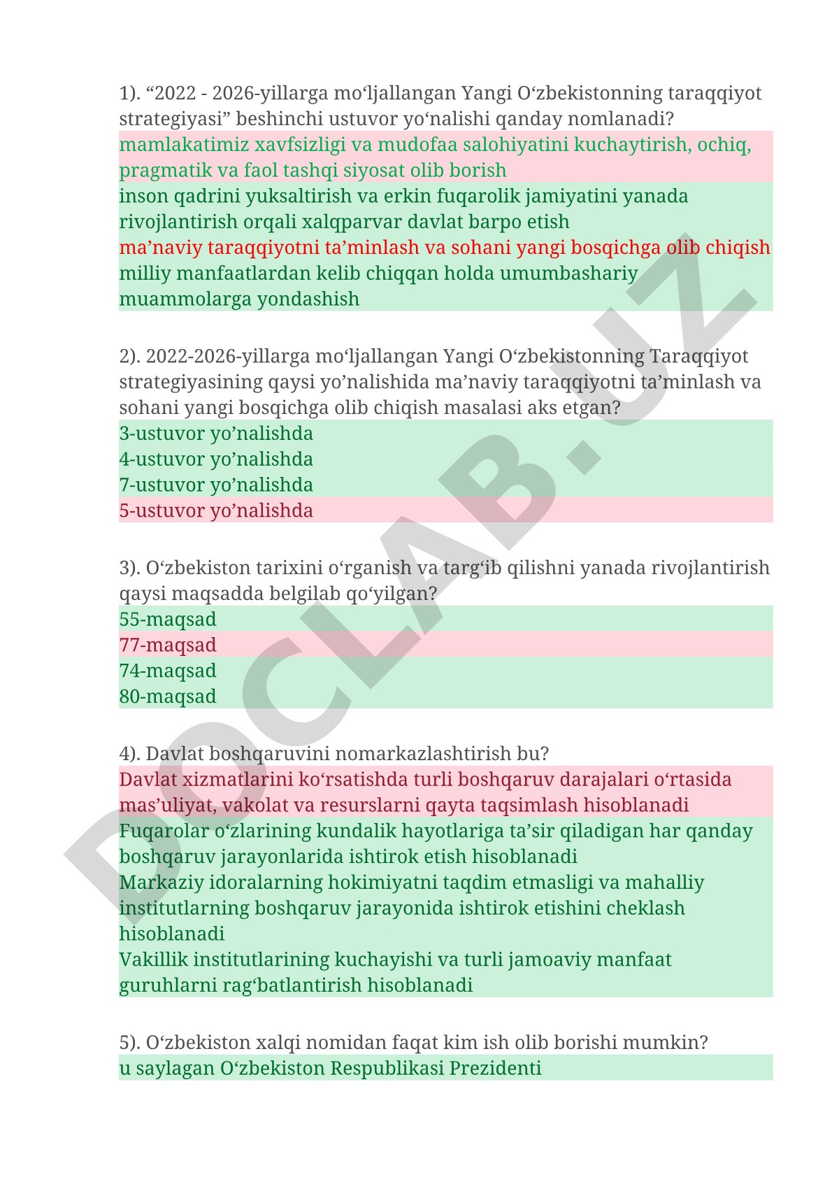 Yangi O'zbekiston taraqqiyot strategiyasi bo'yicha test savollari