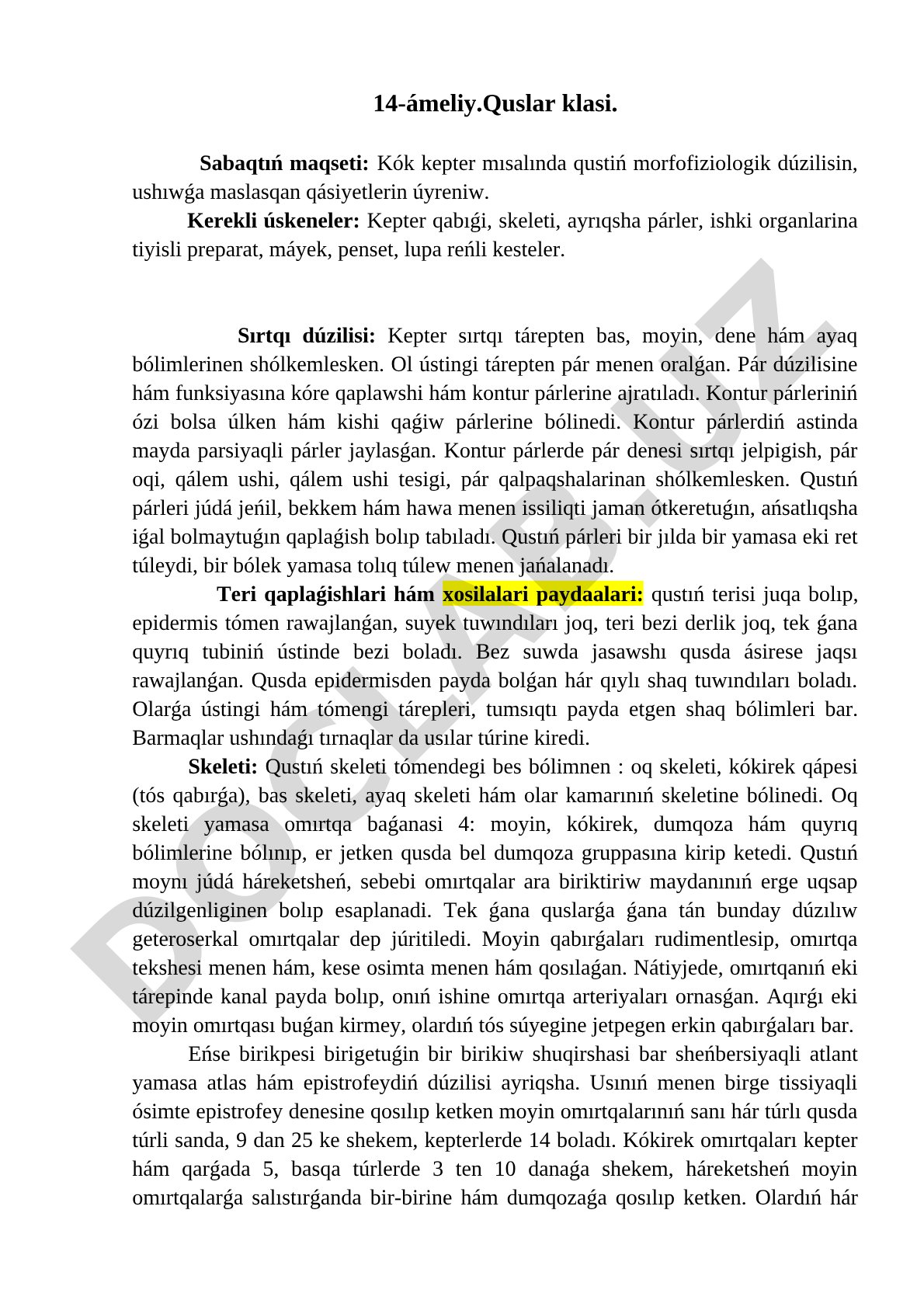 Quslar klasi: Kók kepter mısalında qustıń morfofiziologik dúzilisi