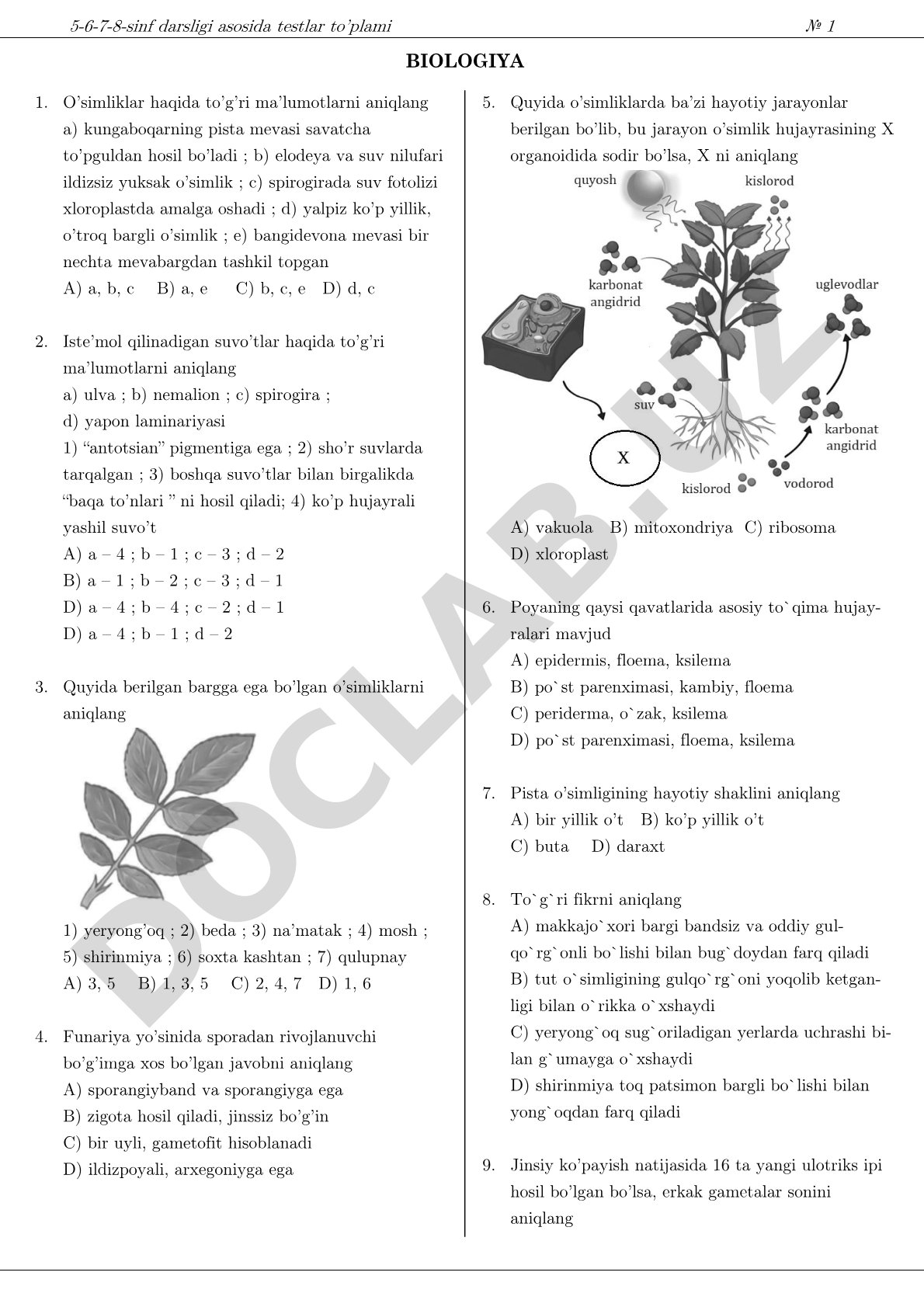 5-6-7-8-sinf darsligi asosida testlar to’plami № 1 Biologiya