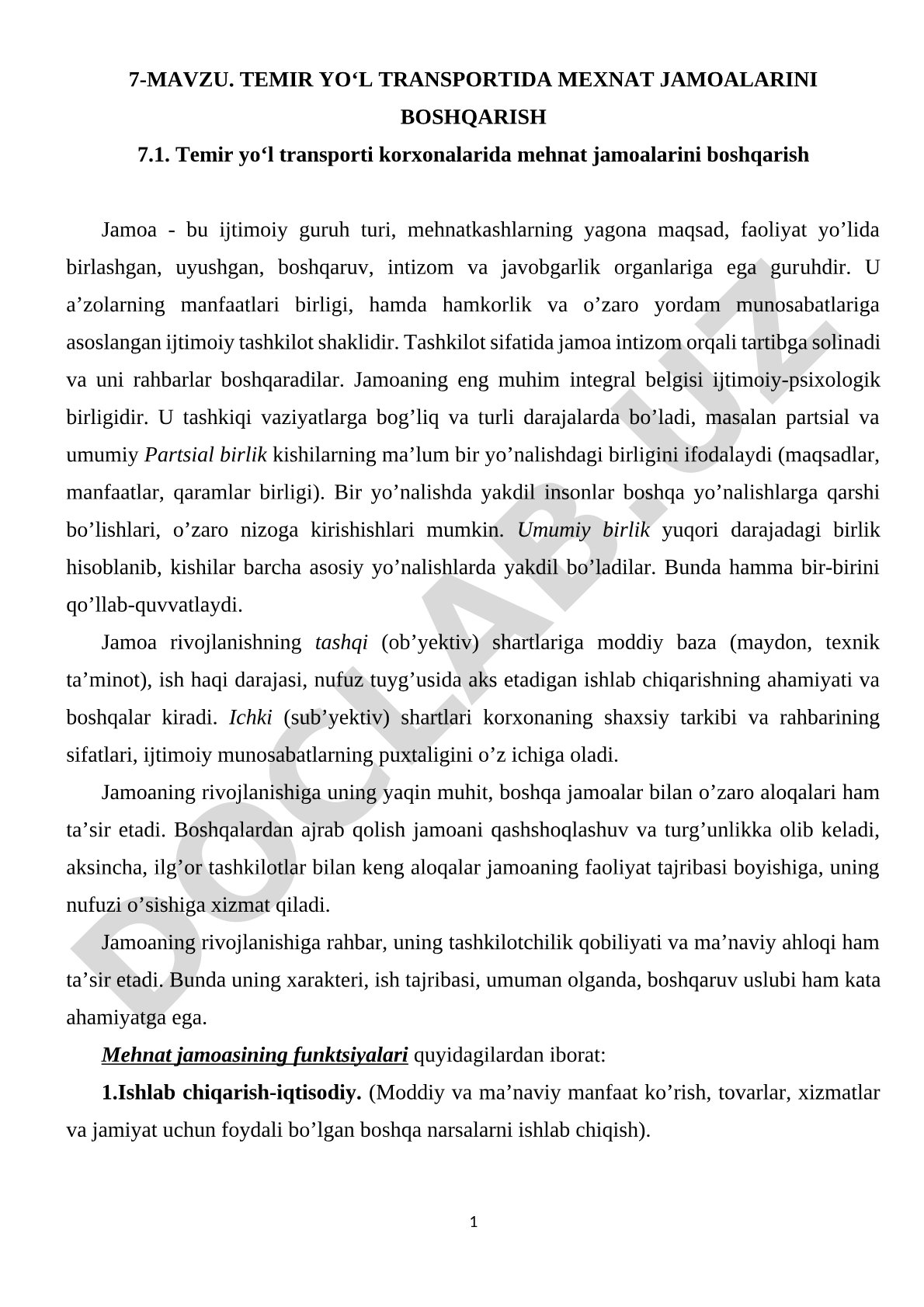 TEMIR YO‘L TRANSPORTIDA MEXNAT JAMOALARINI BOSHQARISH