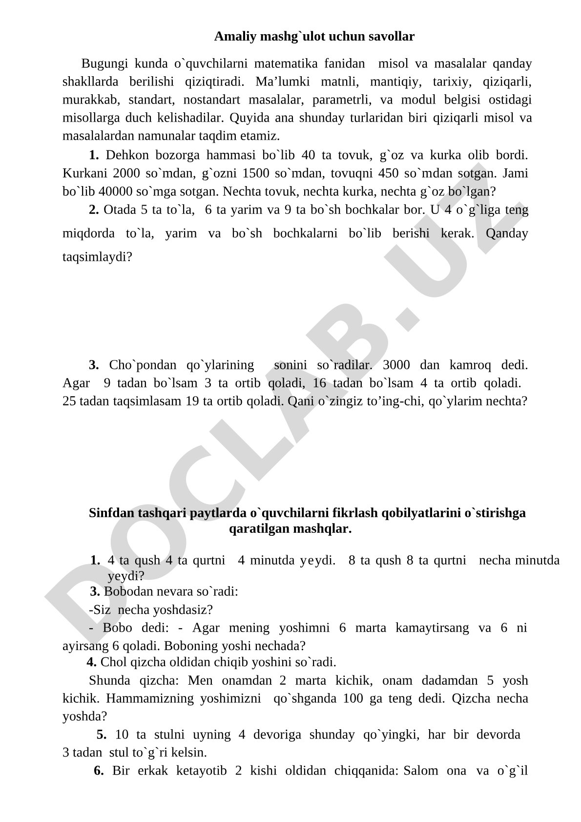 Matematika fanidan qiziqarli misol va masalalar