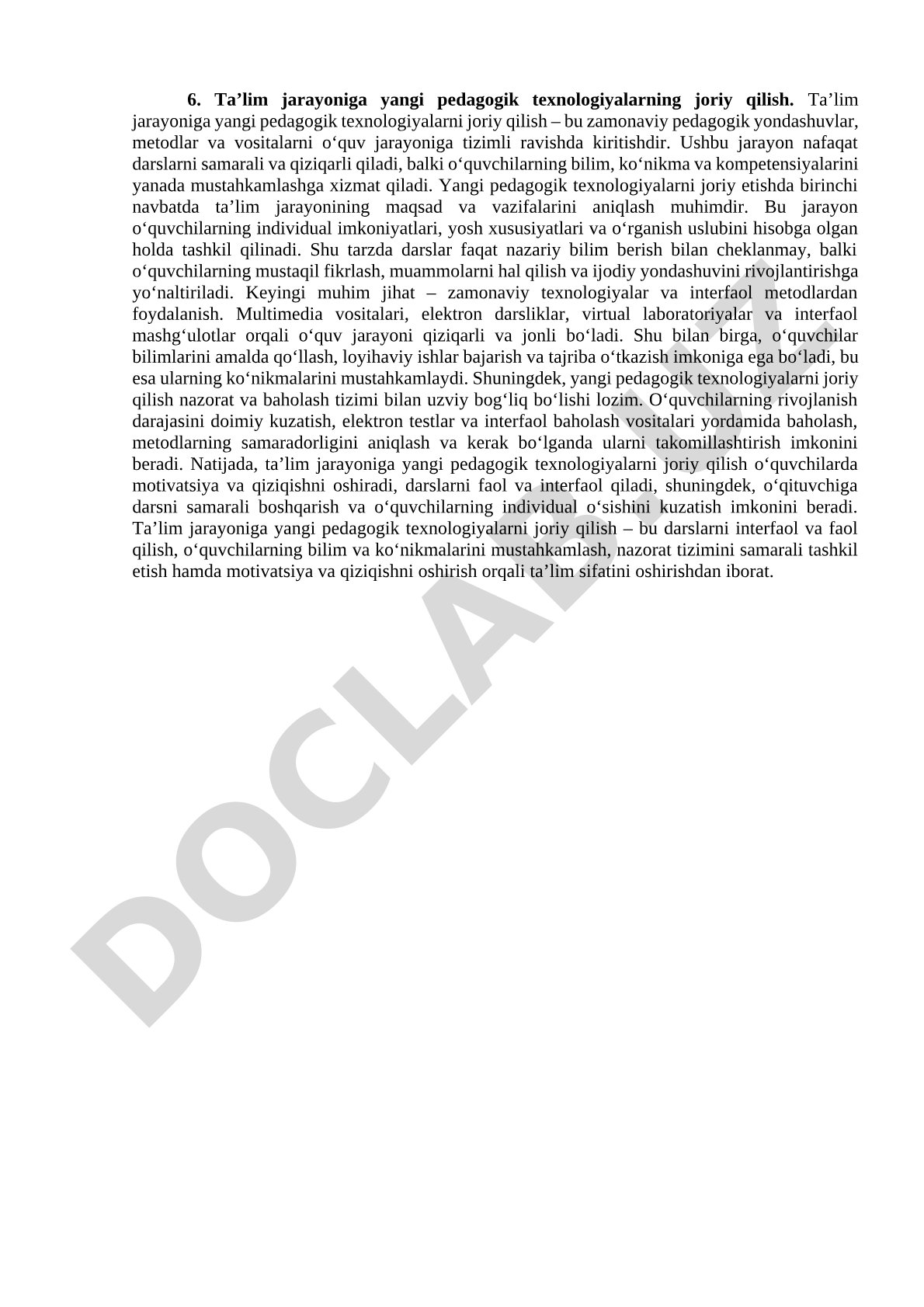 Ta’lim jarayoniga yangi pedagogik texnologiyalarning joriy qilish