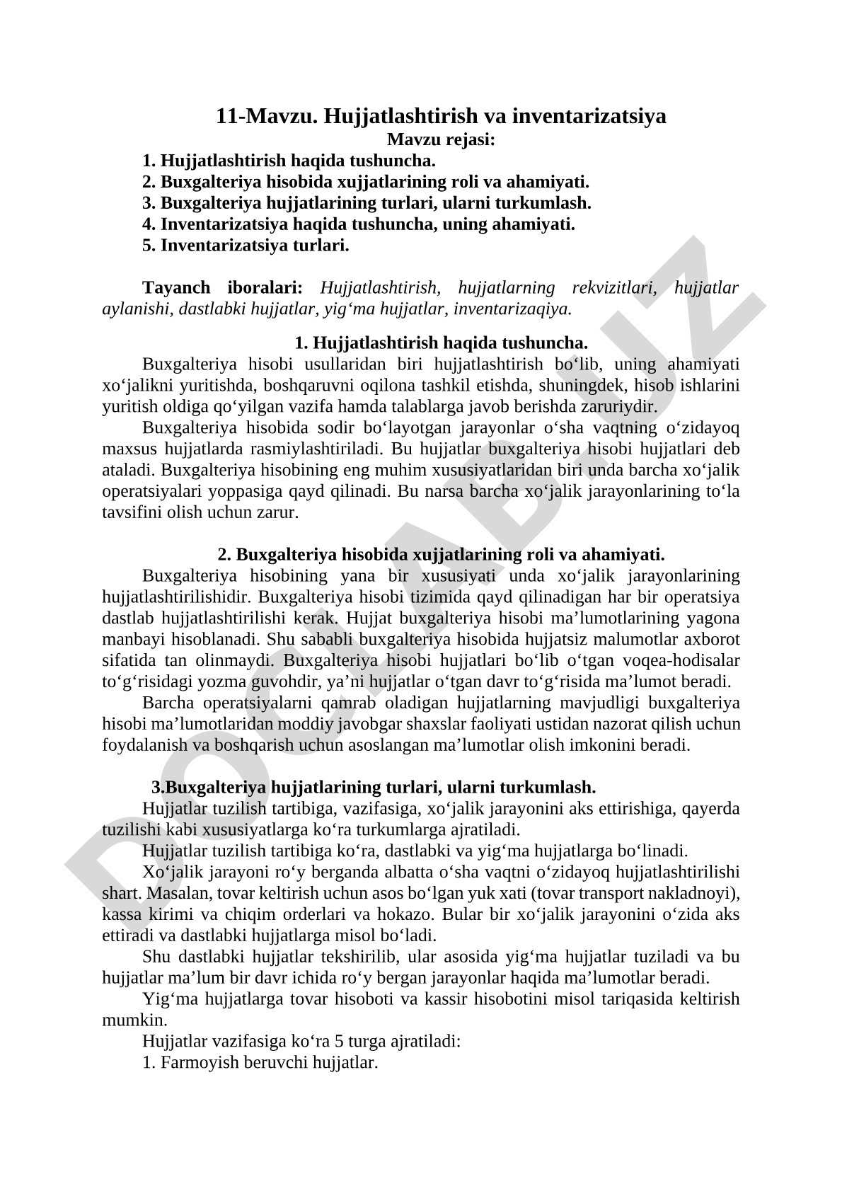 Buxgalteriya hisobida hujjatlashtirish va inventarizatsiya mavzusi yoritilgan