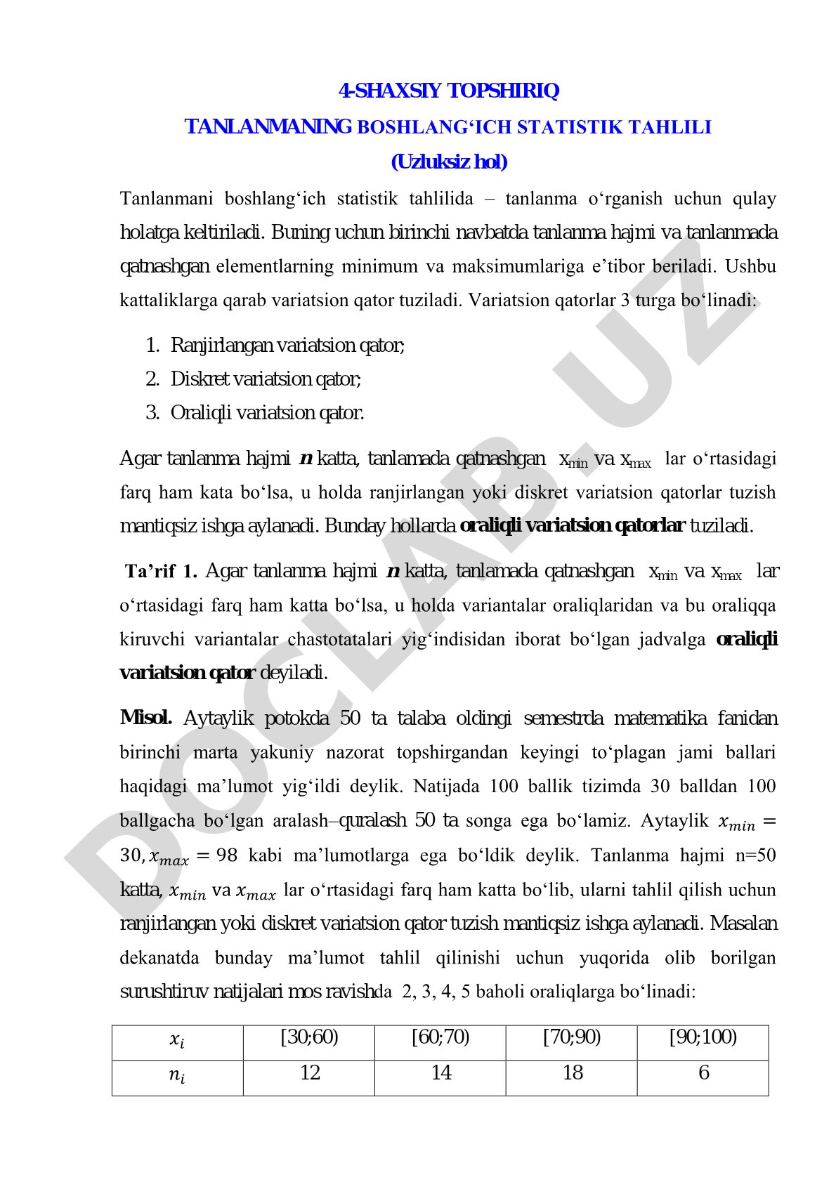 4-SHAXSIY TOPSHIRIQ TANLANMANING BOSHLANGʻICH STATISTIK TAHLILI (Uzluksiz hol)
