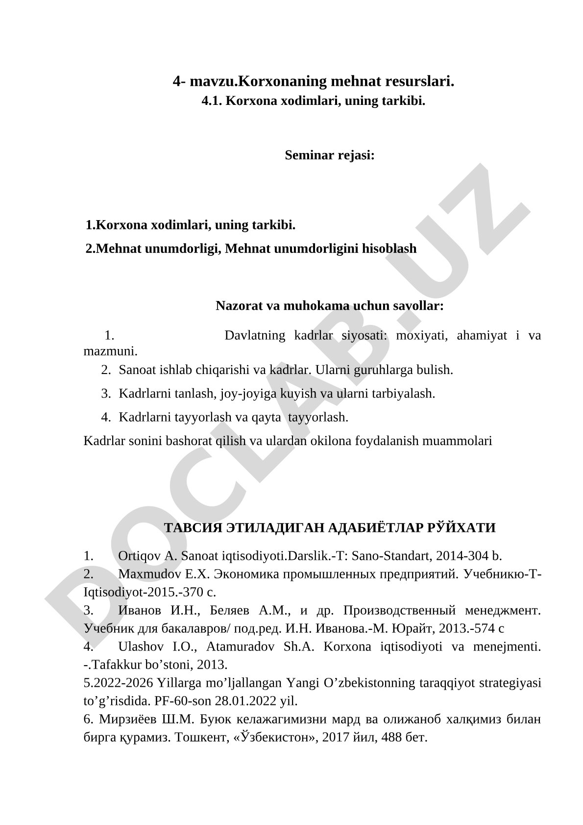 Korxona mehnat resurslari va xodimlar tarkibi bo'yicha seminar rejasi va savollari