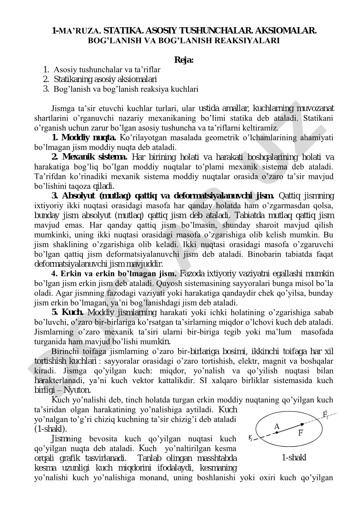 Statika. Asosiy tushunchalar. Aksiomalar. Bog'lanish va bog'lanish reaksiyalari