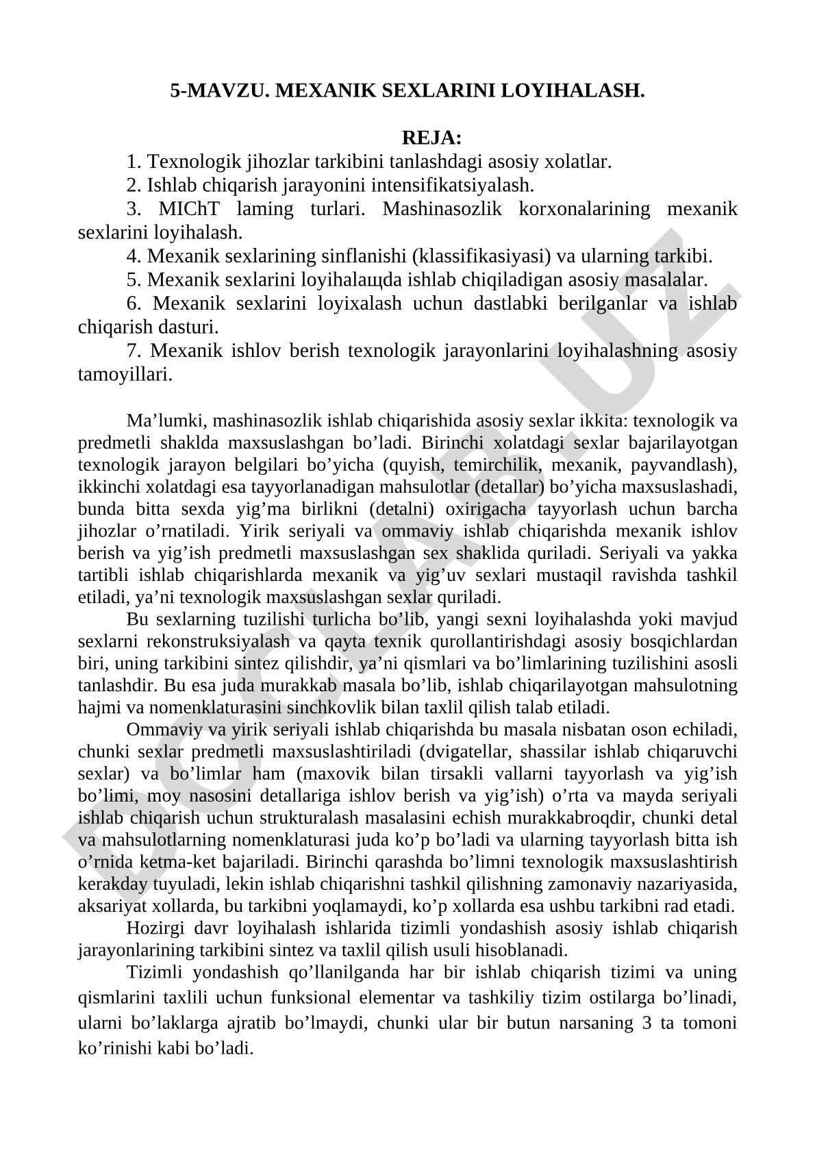 Mexanik sexlarini loyihalashda asosiy masalalar, sinflanish va dastlabki ma'lumotlar
