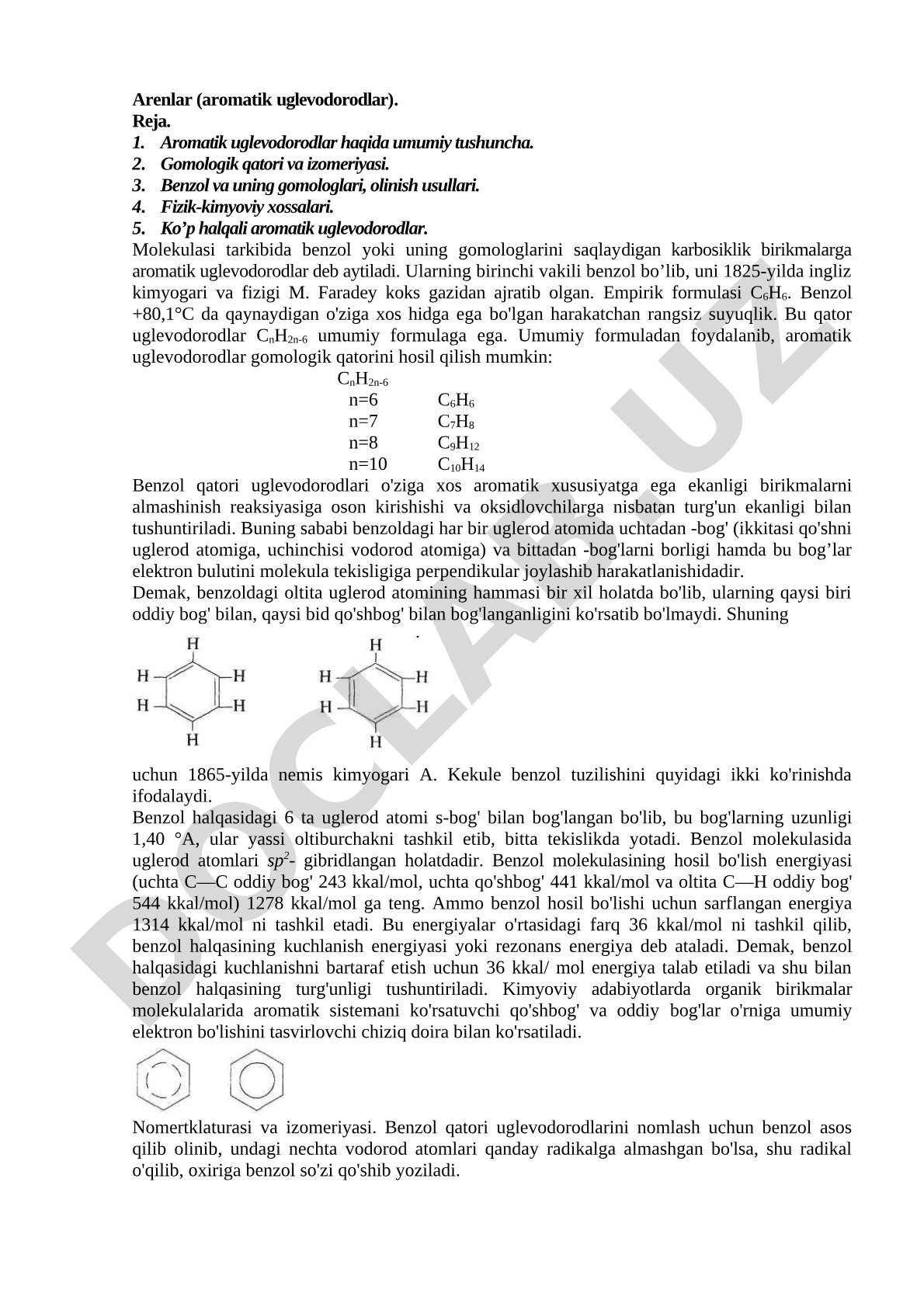 Arenlar (aromatik uglevodorodlar) va ularning xossalari