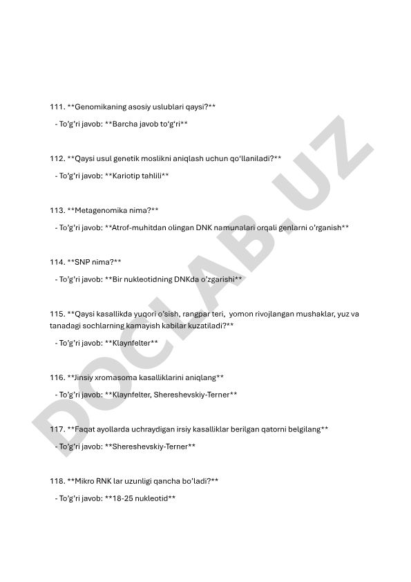 Genomika va irsiy kasalliklar test savollari