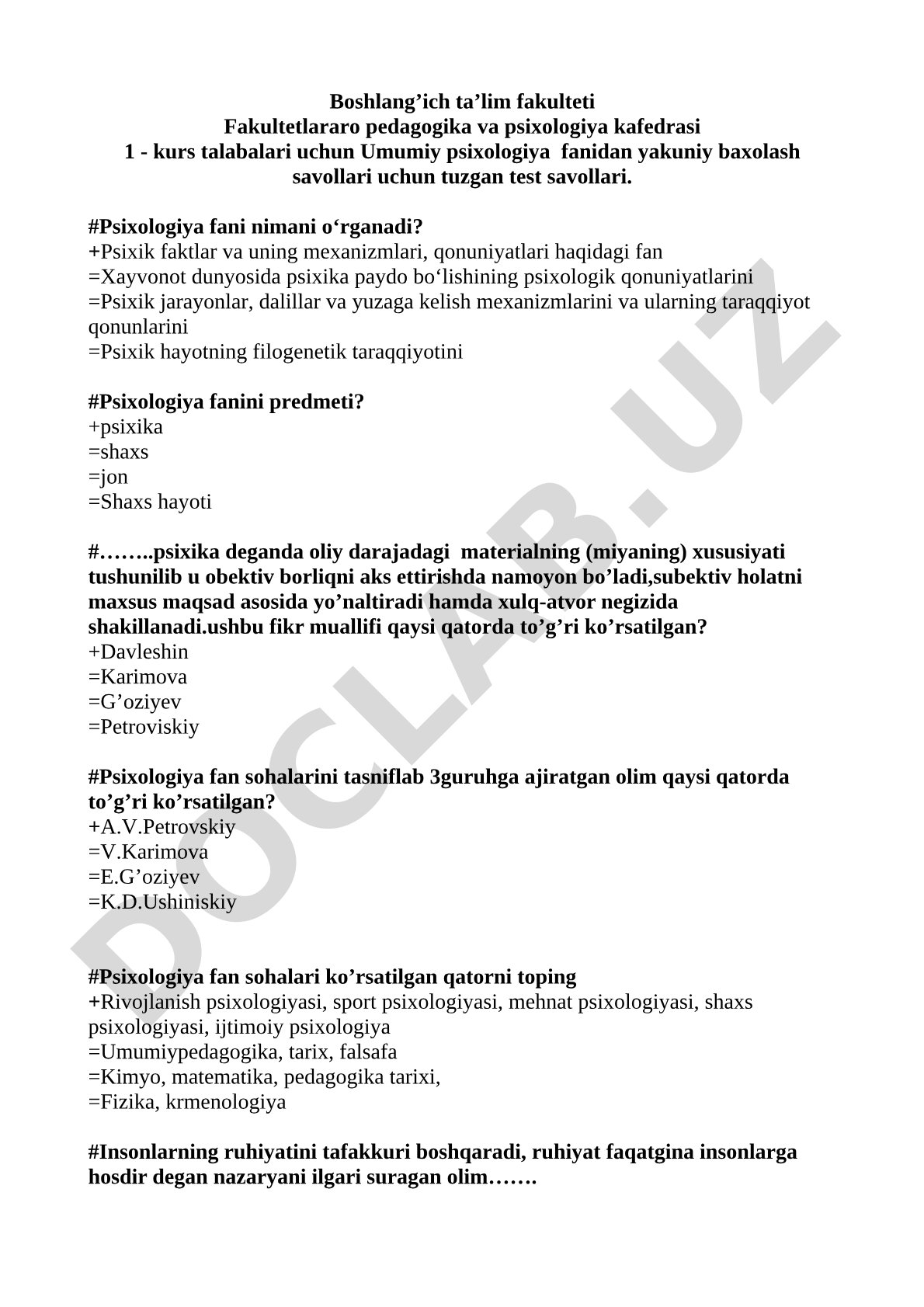 Umumiy psixologiya yakuniy baholash test savollari