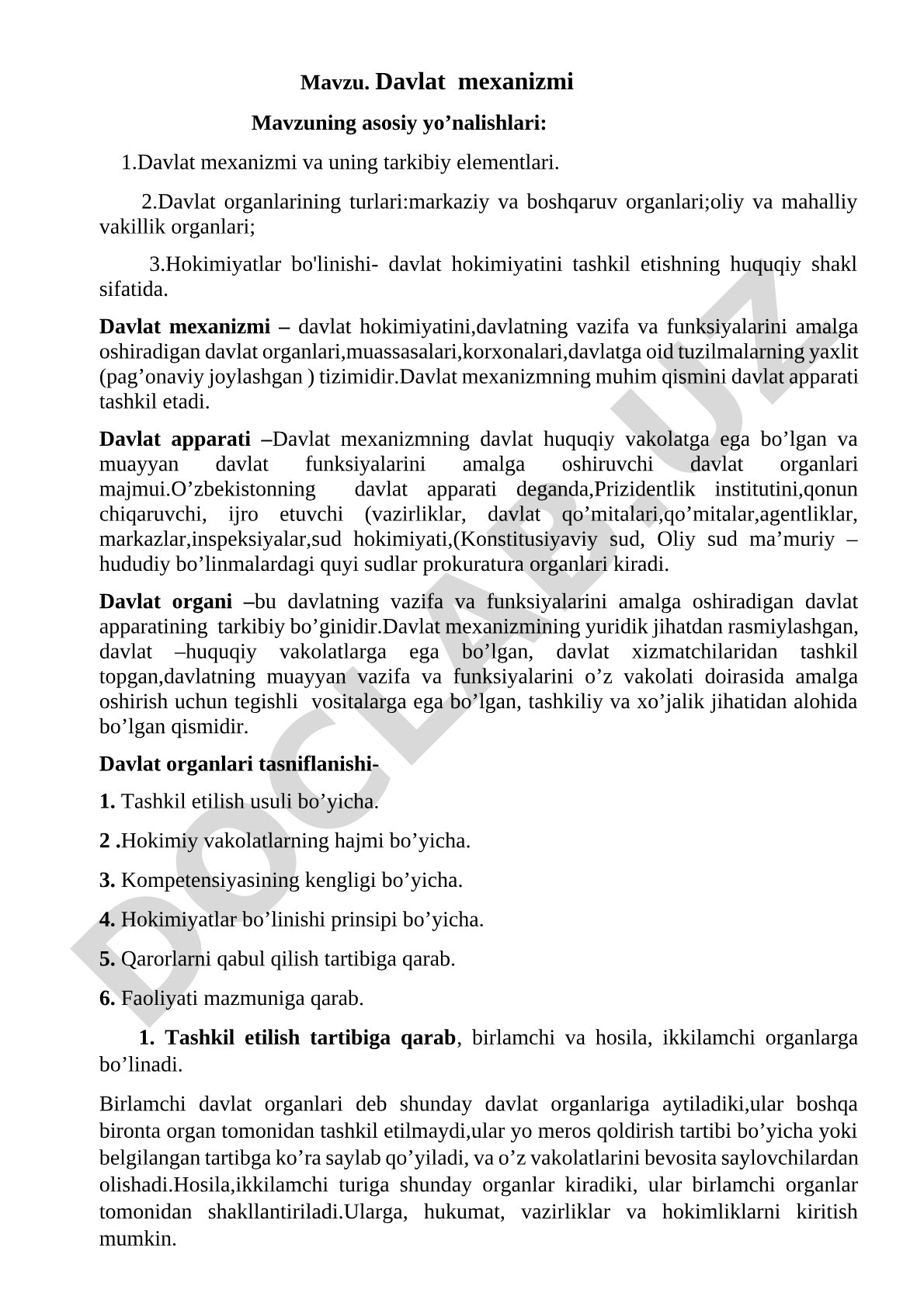 Davlat mexanizmi, uning tarkibi va organlari turlari haqida