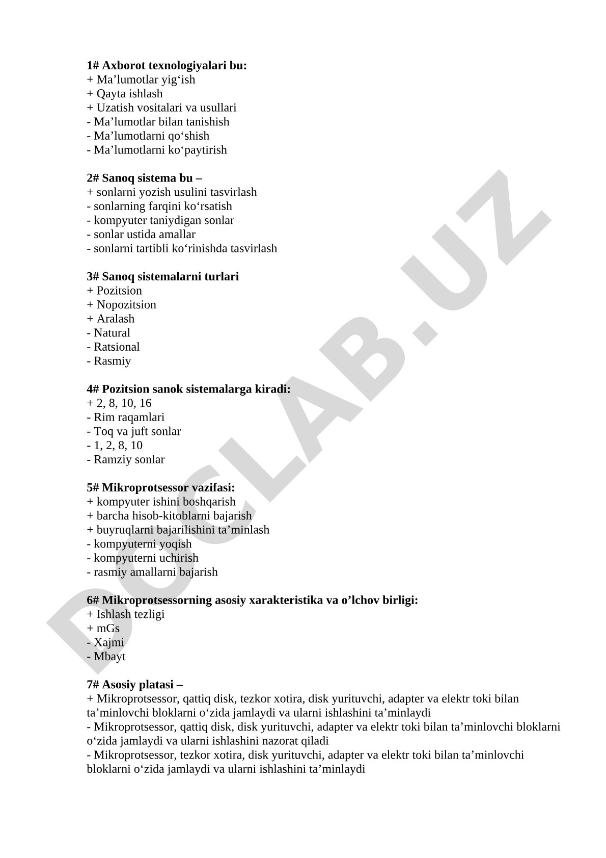 Axborot texnologiyalari sanoq sistemalari va mikroprotsessor test savollari