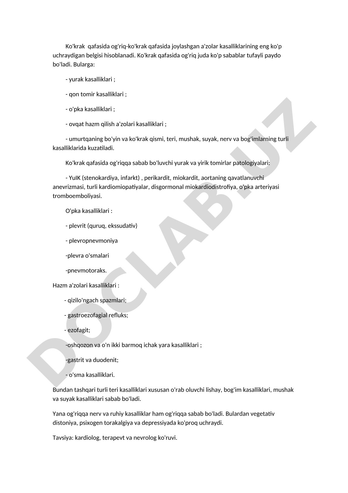 Ko'krak qafasida og'riq sabablari