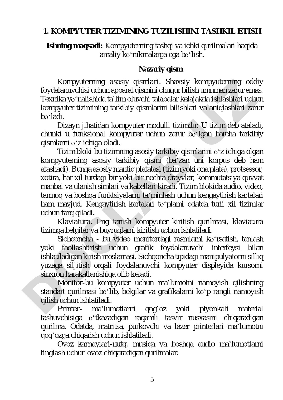 Kompyuter tizimining tuzilishini tashkil etish