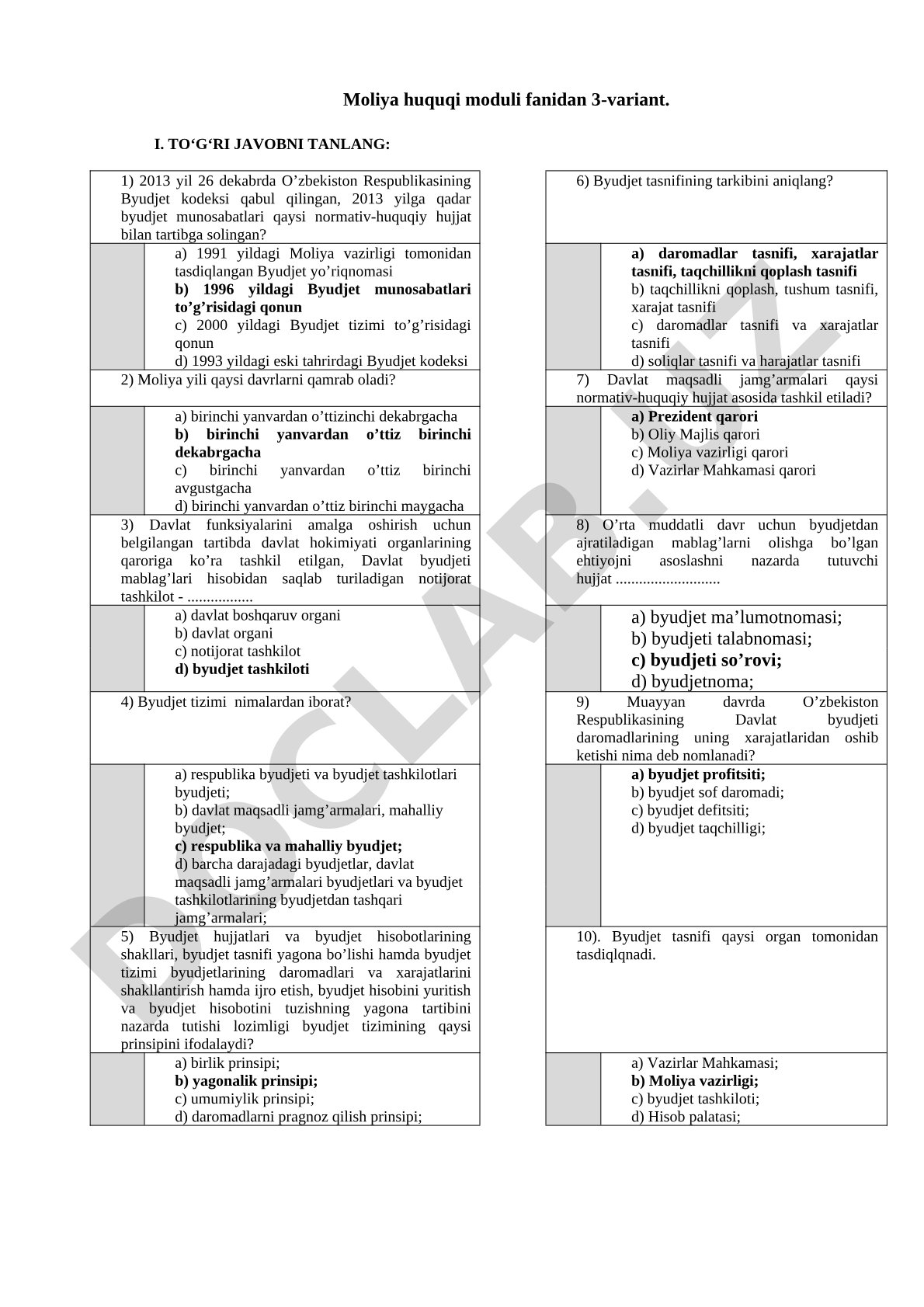 Moliya huquqi moduli fanidan 3-variant