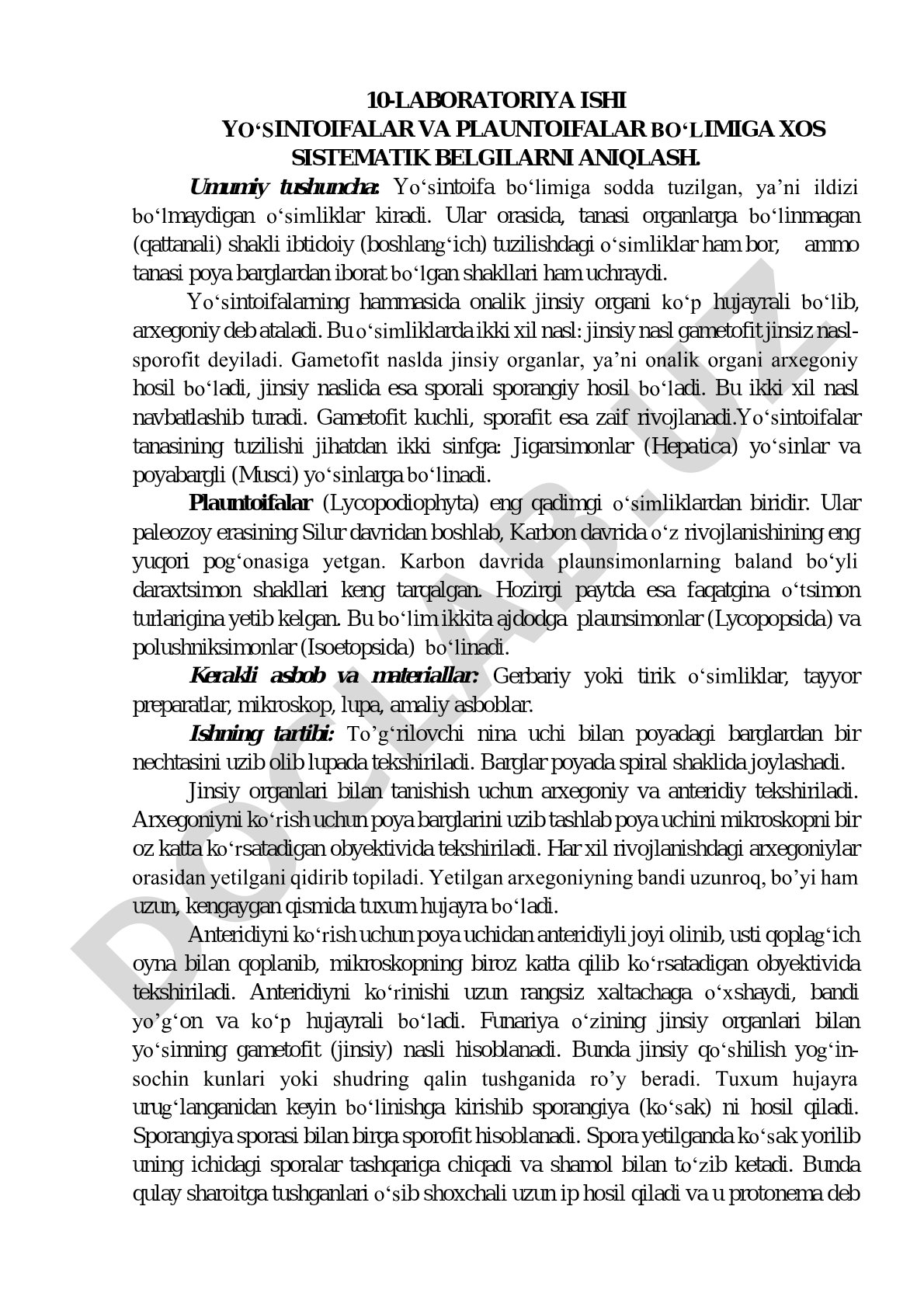 Yo'sintoifalar va plauntoifalar bo'limiga xos sistematik belgilarni aniqlash