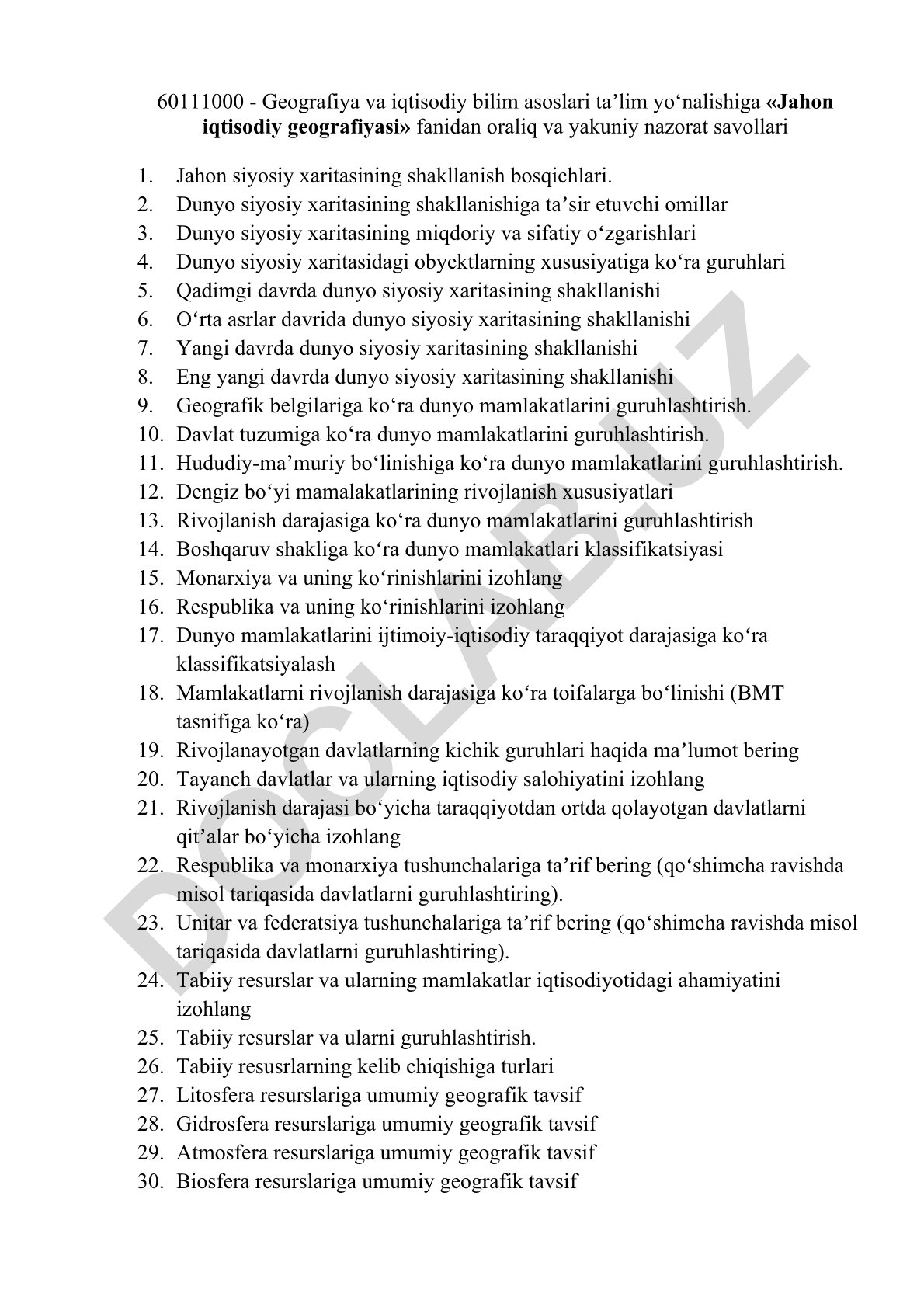 Jahon iqtisodiy geografiyasi fanidan oraliq va yakuniy nazorat savollari