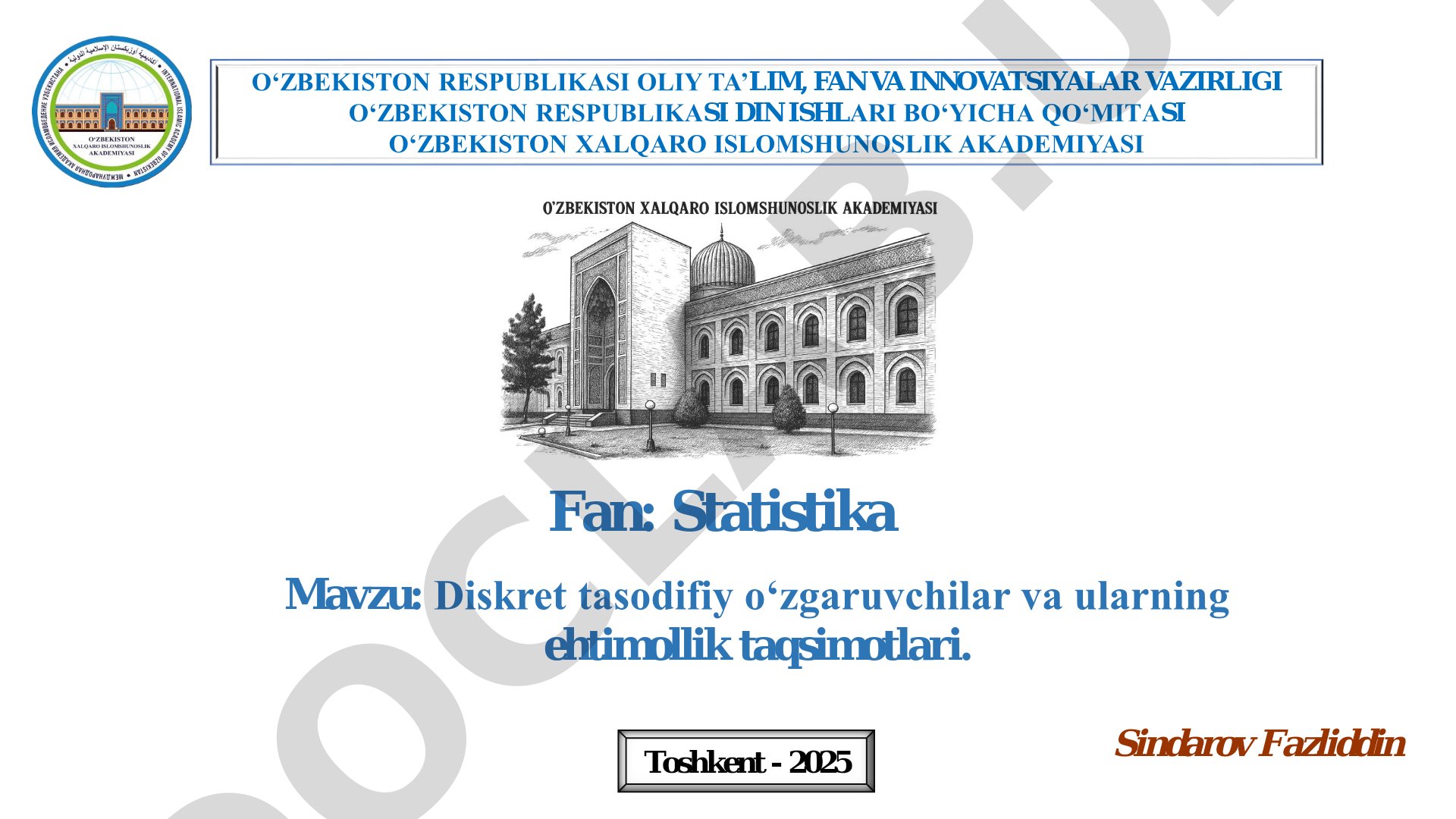 Diskret tasodifiy o'zgaruvchilar va ularning ehtimollik taqsimotlari