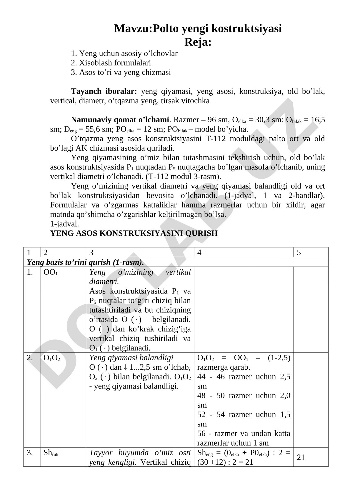 Yeng asos konstruktsiyasini qurish bo'yicha reja, formulalar va jadval