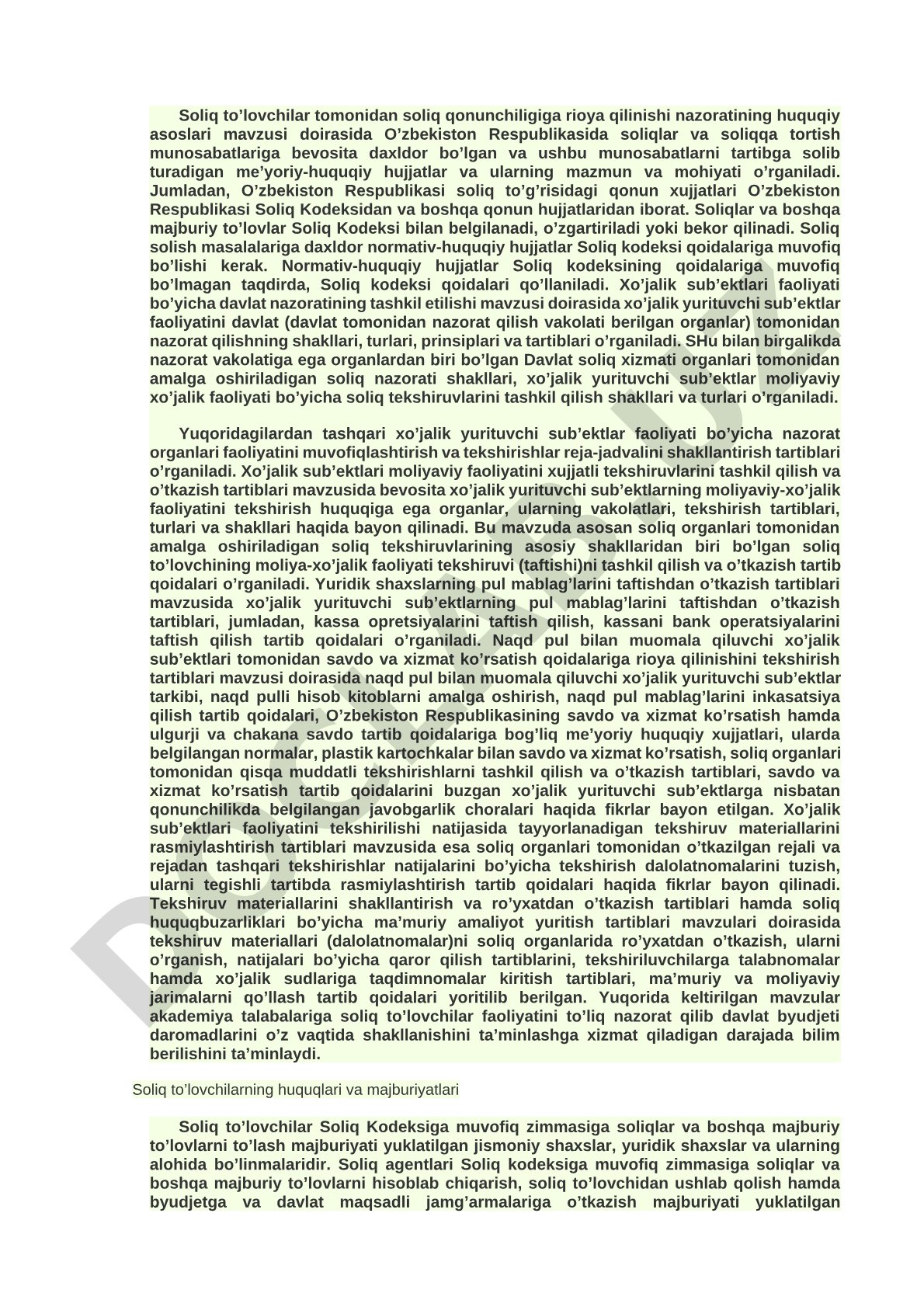 Soliq to’lovchilar tomonidan soliq qonunchiligiga rioya qilinishi nazoratining huquqiy asoslari