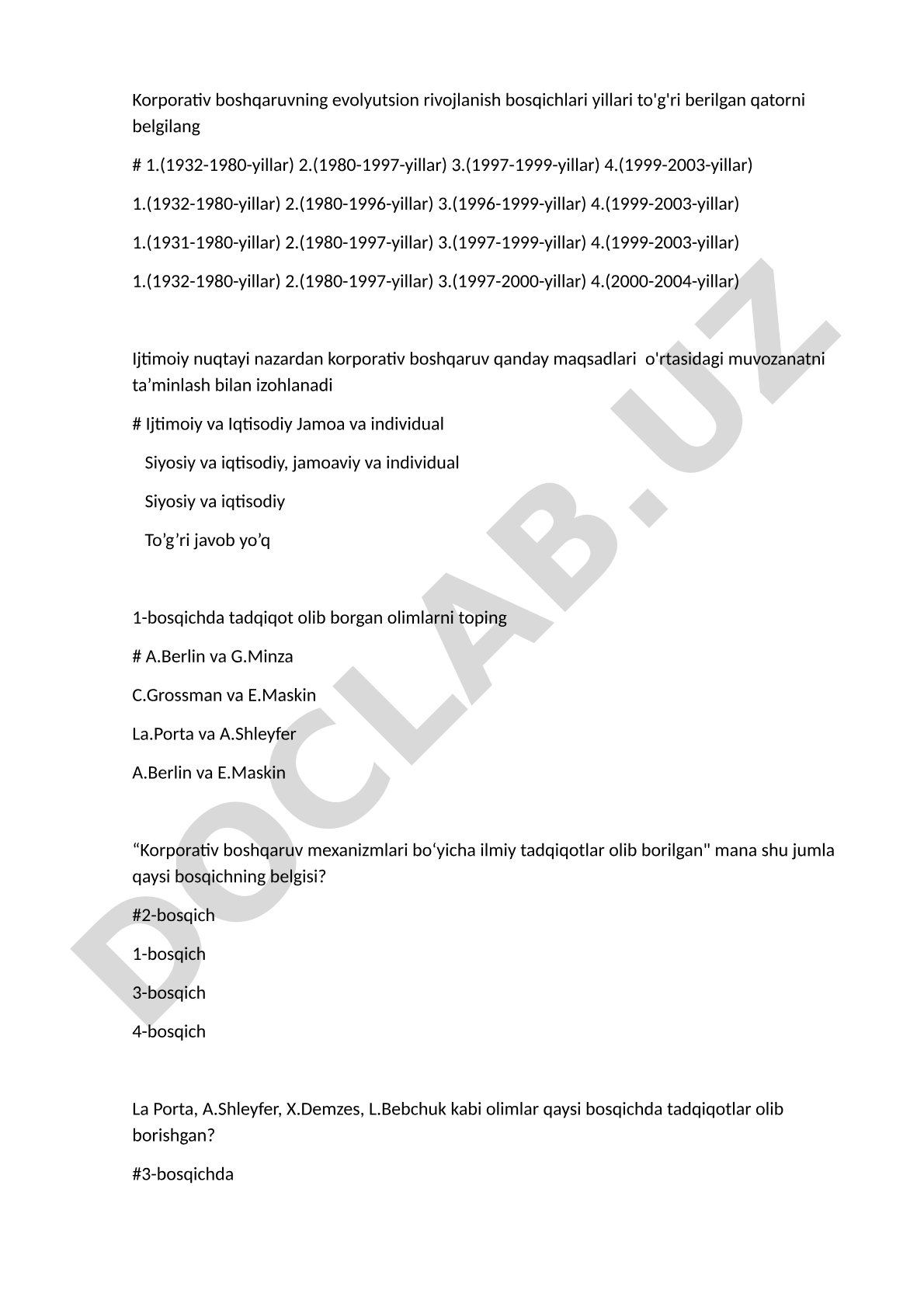 Korporativ boshqaruv rivojlanish bosqichlari testi