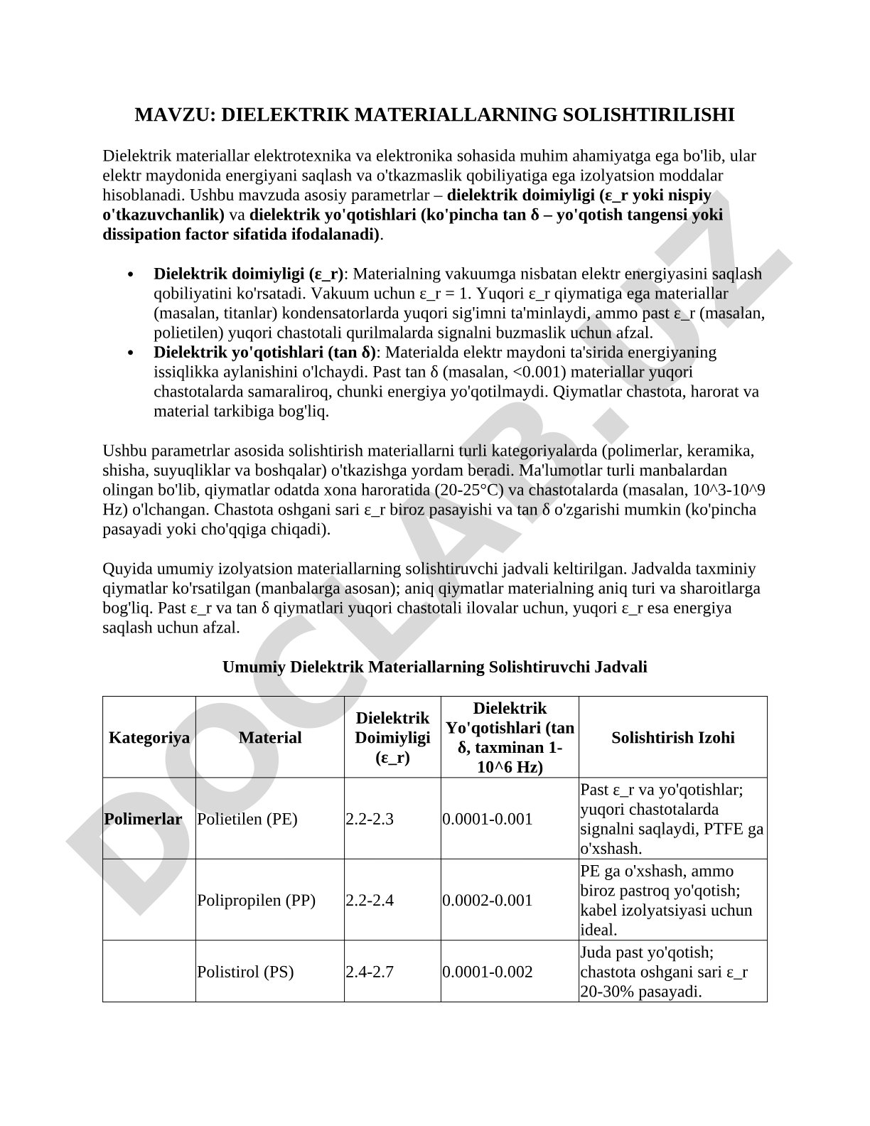Dielektrik materiallarning solishtirilishi