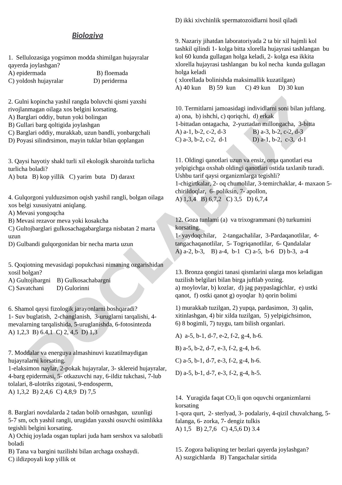 O'simliklar anatomiyasi va fiziologiyasi bo'yicha test savollari