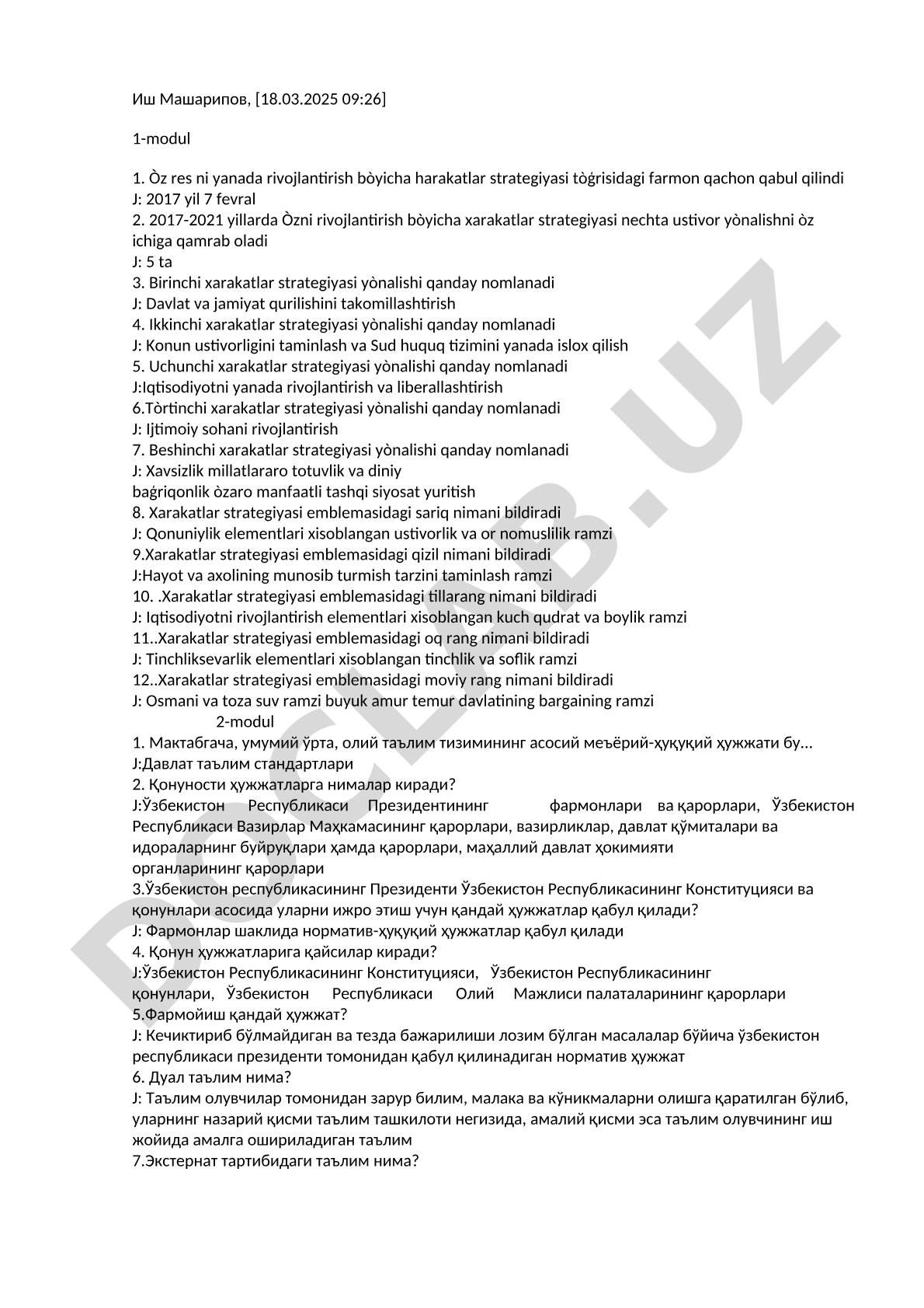 O'zbekistonni rivojlantirish harakatlar strategiyasi test savollari