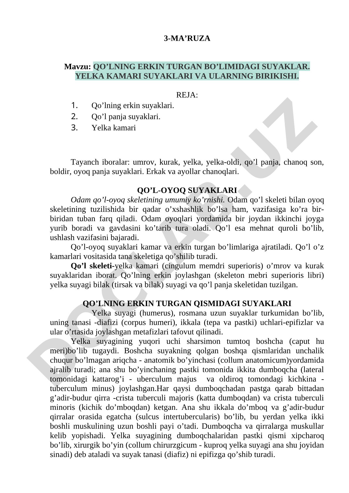 Qo'lning erkin turgan bo'limidagi suyaklar. Yelka kamari suyaklari va ularning birikishi